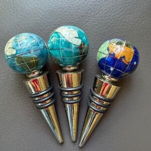 Alexander Kalifano Wine Bottle Stopper SET of 3 Blue Globe Gemstone Inlay